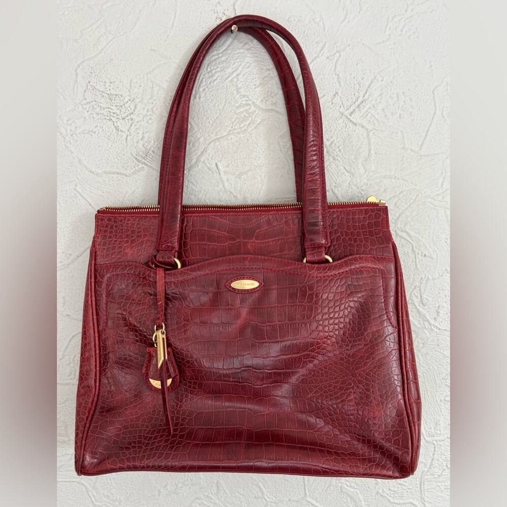 Elie Tahari Crocodile Embossed Red Leather Tote EUC